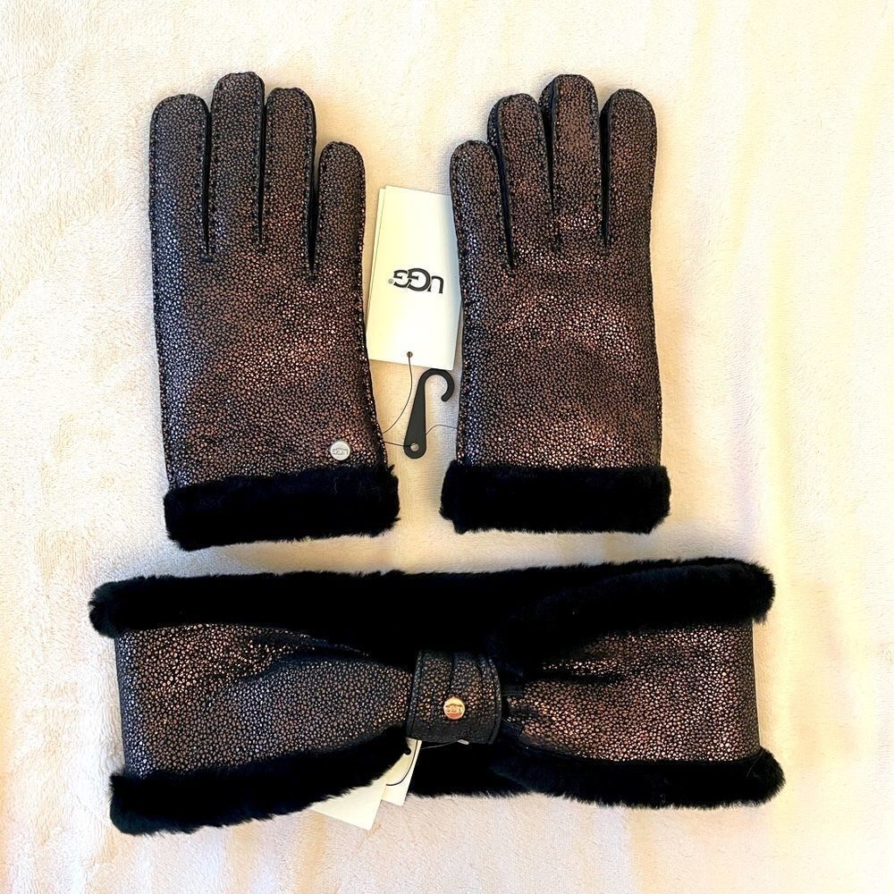UGG Winter Set Metallic Black Gloves & Headband Small NWT